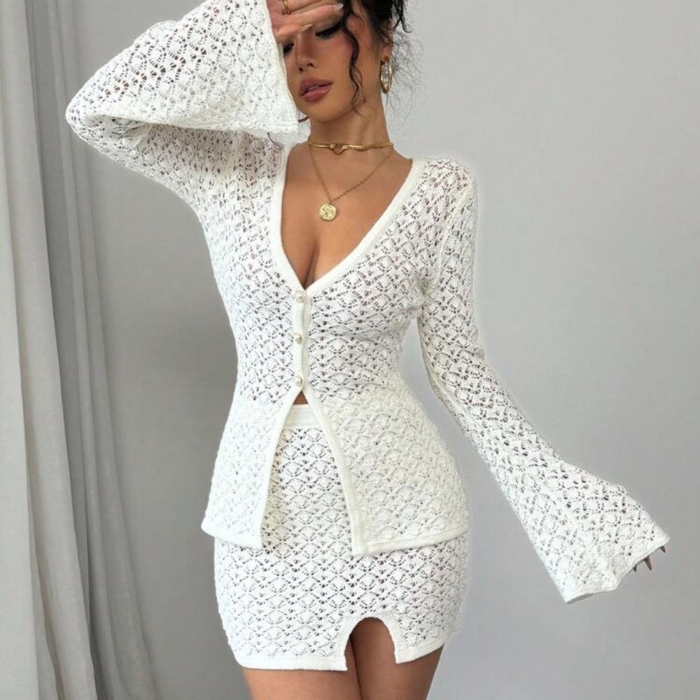 White Crochet Knit Cardigan and Skirt Set
